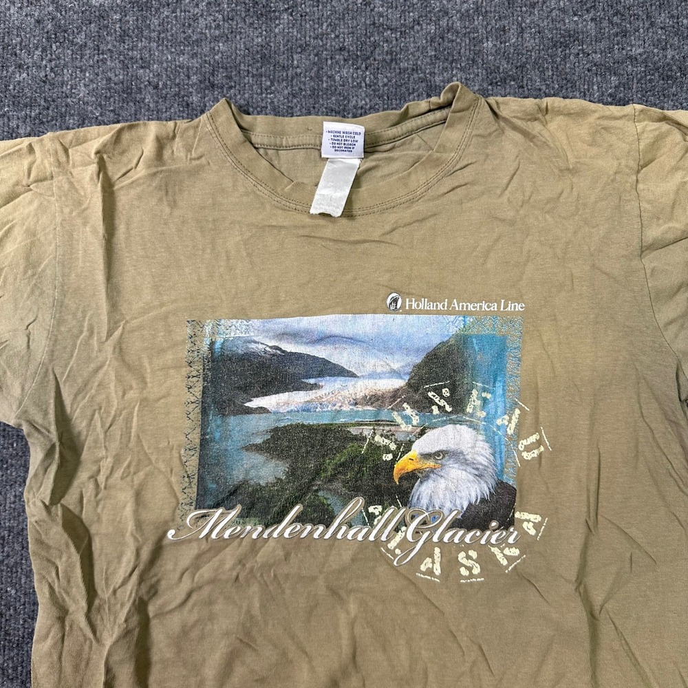 Holland America Line T Shirt Mens Size L Tan Mendenhall Glacier Alaska Eagle Tee